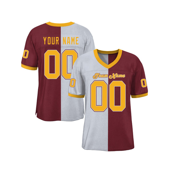 Custom Burgundy Gold-White Mesh Split Fashion Classic Style Authentic Sports Football Jersey