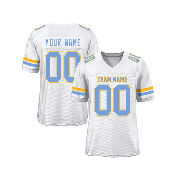 Custom White Light Blue-Gold Mesh Classic Style Authentic Sports Football Jersey