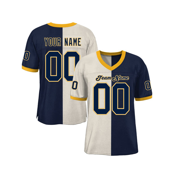 Custom Cream Navy-Gold Mesh Split Fashion Classic Style Authentic Sports Football Jersey