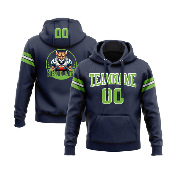 Custom Navy Neon Green-White Personalized Sports Team Embroidered Pullover Hoodie