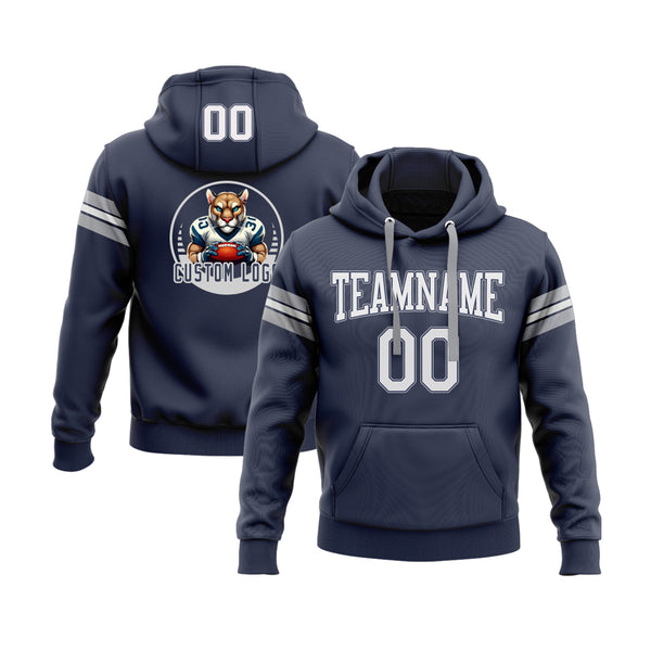 Custom Navy White-Gray Personalized Sports Team Embroidered Pullover Hoodie