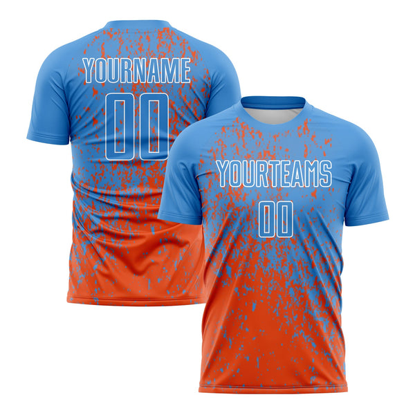 Custom Powder Blue Orange-White Abstract Fragment Art Classic Uniform Training Sets Soccer Jersey For Adults/Kid