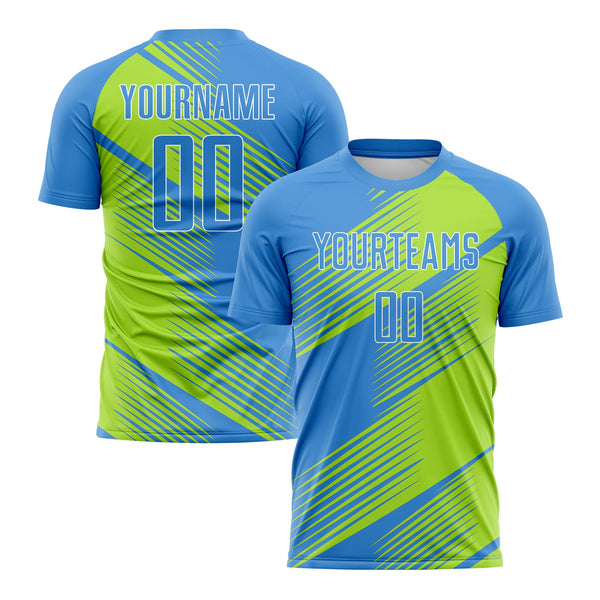 Custom Powder Blue Neon Green-White Line Classic Uniform Training Sets Soccer Jersey For Adults/Kids