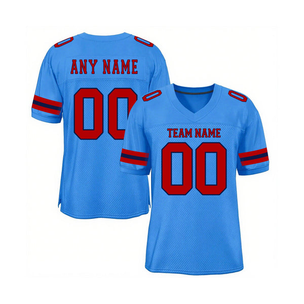 Custom Powder Blue Red-Navy Mesh Classic Style Authentic Sports Football Jersey