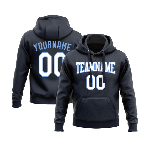 Custom Navy White-Light Blue Personalized Sports Team Embroidered Pullover Hoodie