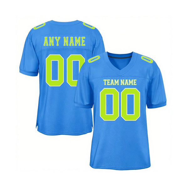 Custom Powder Blue Neon Green-White Mesh Classic Style Authentic Sports Football Jersey
