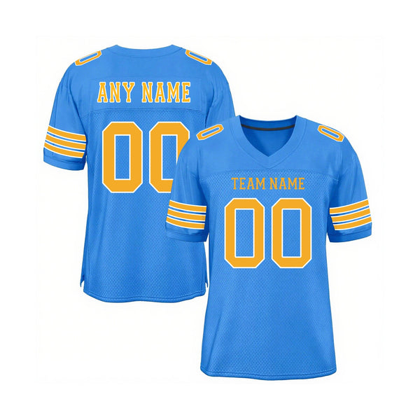 Custom Powder Blue Gold-White Mesh Classic Style Authentic Sports Football Jersey