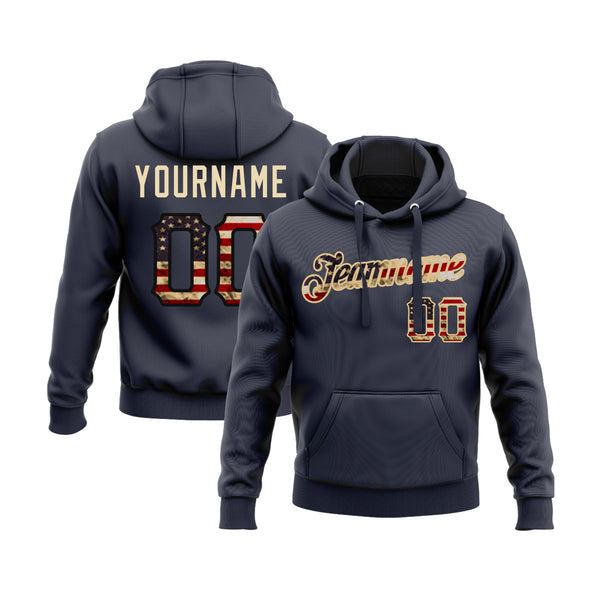 Custom Navy Vintage USA Flag-Cream Personalized Sports Team Embroidered Pullover Hoodie