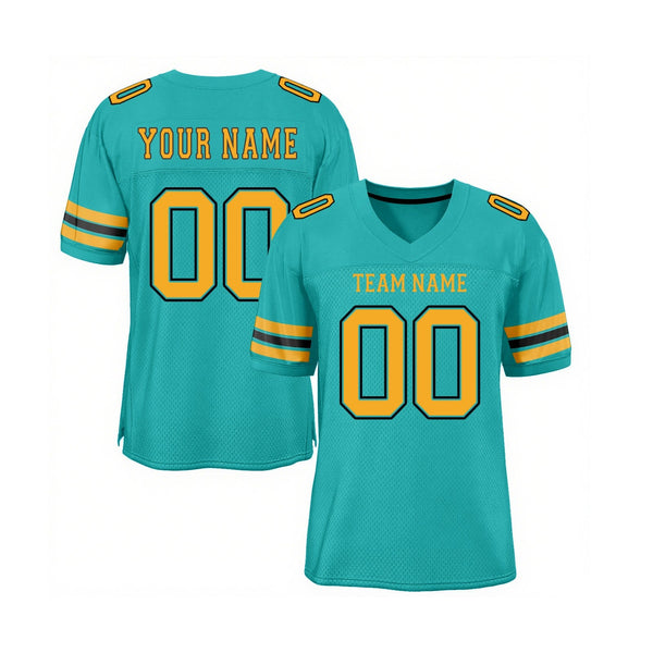 Custom Aqua Gold-Black Mesh Classic Style Authentic Sports Football Jersey