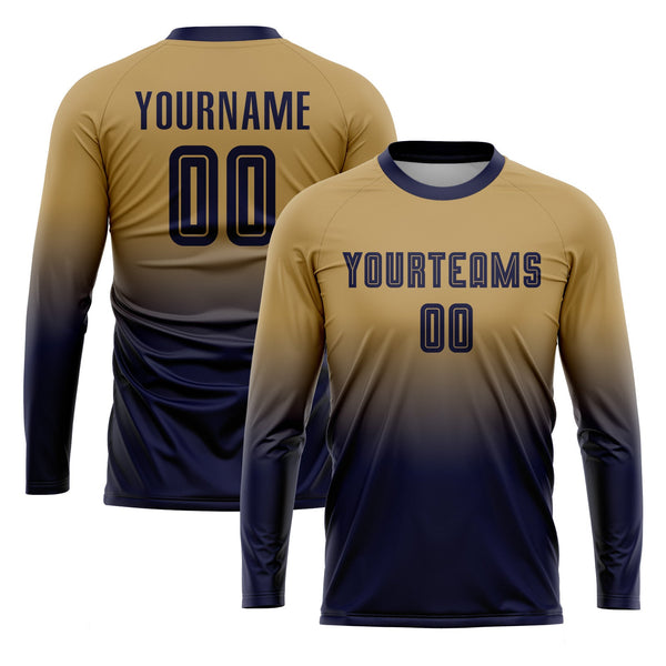 Custom Old Gold Navy Long Sleeve Fade Fashion Classic Uniform Training Sets Soccer Jersey For Adults/Kids