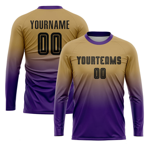 Custom Old Gold Black-Purple Long Sleeve Fade Fashion Classic Uniform Training Sets Soccer Jersey For Adults/Kids