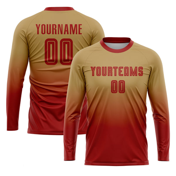 Custom Old Gold Red Long Sleeve Fade Fashion Classic Uniform Training Sets Soccer Jersey For Adults/Kids
