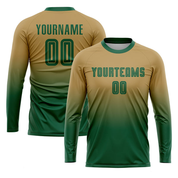 Custom Old Gold Kelly Green Long Sleeve Fade Fashion Classic Uniform Training Sets Soccer Jersey For Adults/Kids