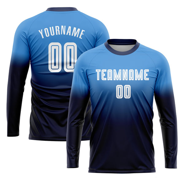 Custom Powder Blue White-Navy Long Sleeve Fade Fashion Classic Uniform Training Sets Soccer Jersey For Adults/Kids