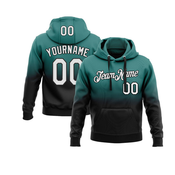 Custom Teal White-Black Fade Fashion Personalized Sports Team Embroidered Pullover Hoodie
