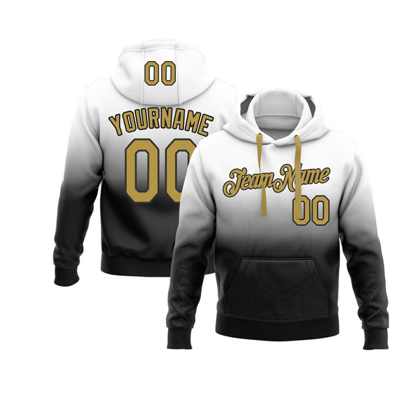 Custom White Old Gold-Black Fade Fashion Personalized Sports Team Embroidered Pullover Hoodie