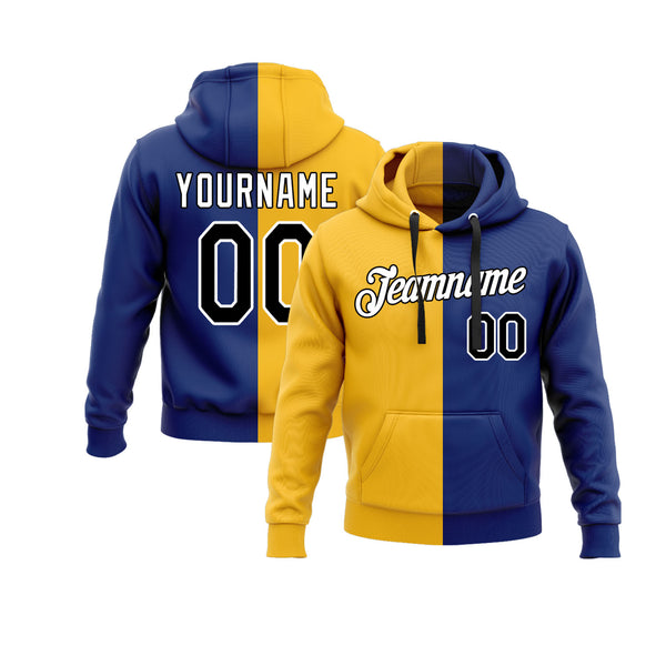 Custom Gold Black-Royal Split Fashion Personalized Sports Team Embroidered Pullover Hoodie