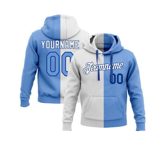 Custom White Light Blue-Royal Split Fashion Personalized Sports Team Embroidered Pullover Hoodie