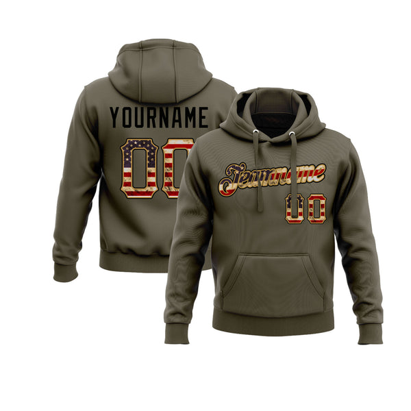 Custom Olive Vintage USA Flag-Black Personalized Sports Team Embroidered Pullover Hoodie