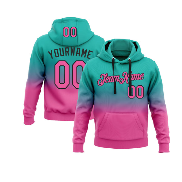 Custom Aqua Pink-Black Fade Fashion Personalized Sports Team Embroidered Pullover Hoodie