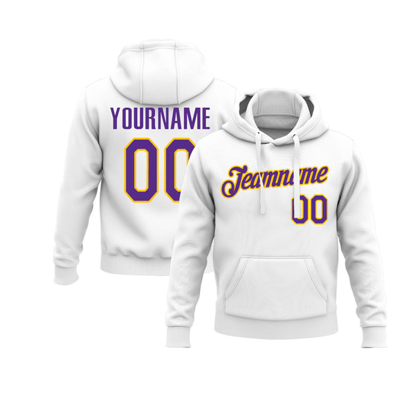 Custom White Purple-Gold Personalized Sports Team Embroidered Pullover Hoodie