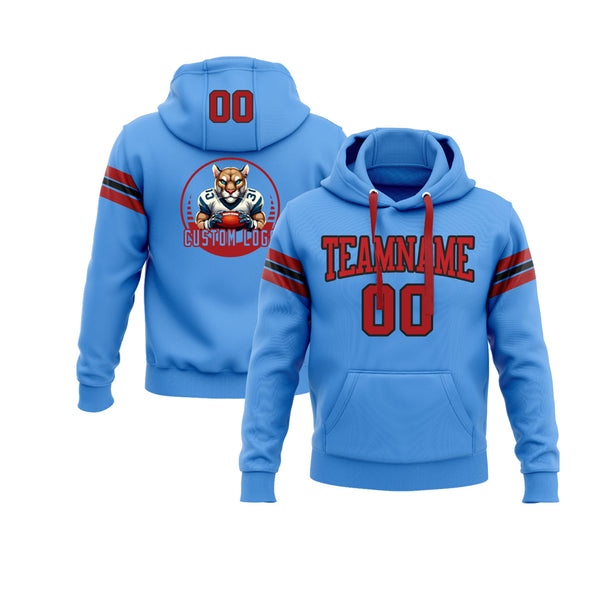 Custom Powder Blue Red-Black Personalized Sports Team Embroidered Pullover Hoodie