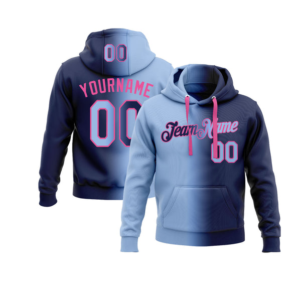 Custom Navy Light Blue-Pink Gradient Fashion Personalized Sports Team Embroidered Pullover Hoodie