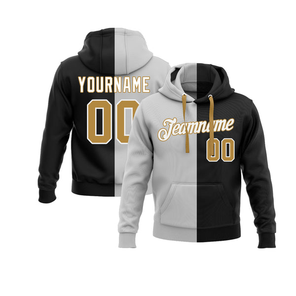 Custom Gray Old Gold-Black Split Fashion Personalized Sports Team Embroidered Pullover Hoodie