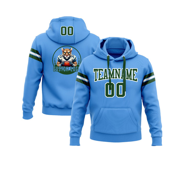 Custom Powder Blue Green-White Personalized Sports Team Embroidered Pullover Hoodie