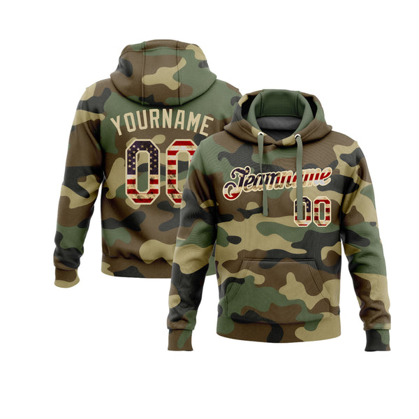 Custom Camo Vintage USA Flag-Cream Personalized Sports Team Embroidered Pullover Hoodie