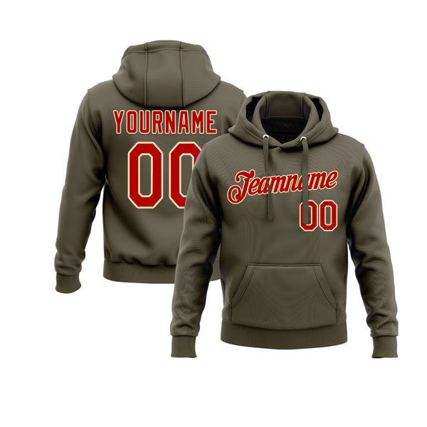 Custom Olive Red-Cream Personalized Sports Team Embroidered Pullover Hoodie