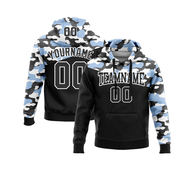 Custom Camo Black Light Blue-Steel Gray 3D Personalized Sports Team Embroidered Pullover Hoodie