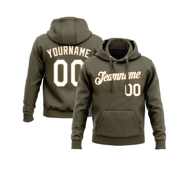 Custom Olive White-Old Gold Personalized Sports Team Embroidered Pullover Hoodie