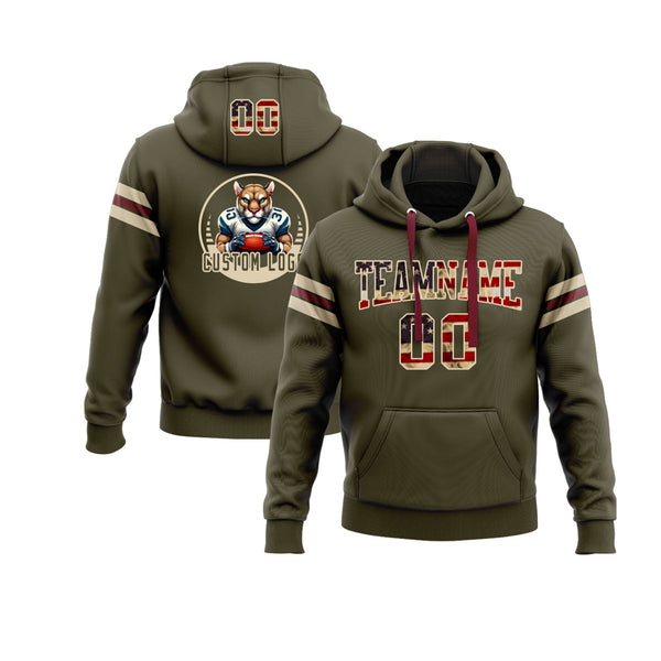 Custom Olive Vintage USA Flag Cream-Crimson Personalized Sports Team Embroidered Pullover Hoodie