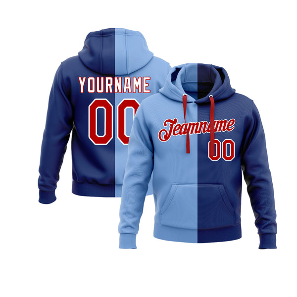 Custom Light Blue Red-Royal Split Fashion Personalized Sports Team Embroidered Pullover Hoodie