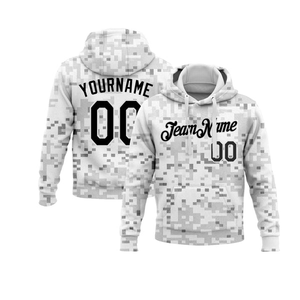 Custom Camo Black-White 3D Arctic Camouflage Personalized Sports Team Embroidered Pullover Hoodie