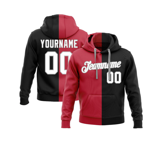 Custom Red White-Black Split Fashion Personalized Sports Team Embroidered Pullover Hoodie