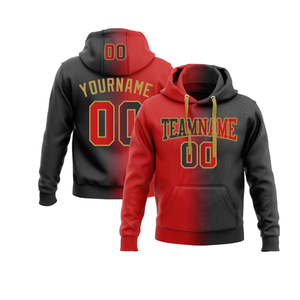 Custom Black Red-Old Gold Gradient Fashion Personalized Sports Team Embroidered Pullover Hoodie