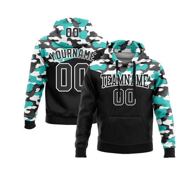 Custom Camo Black Aqua-Steel Gray 3D Personalized Sports Team Embroidered Pullover Hoodie