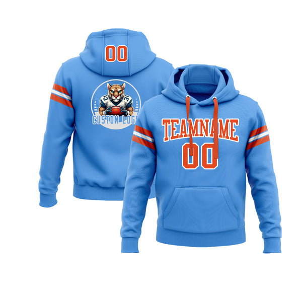 Custom Powder Blue Orange-White Personalized Sports Team Embroidered Pullover Hoodie