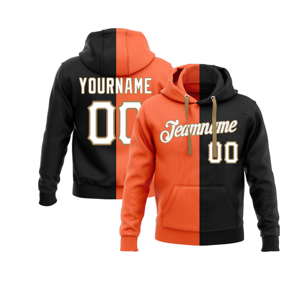 Custom Orange White-Black Split Fashion Personalized Sports Team Embroidered Pullover Hoodie
