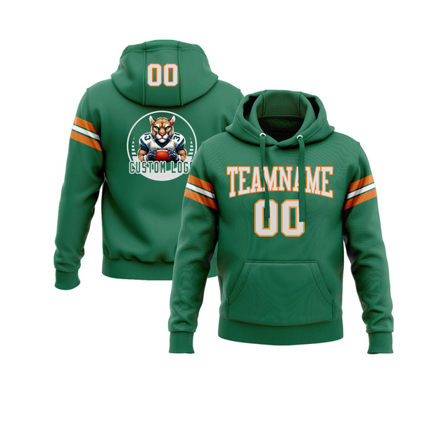 Custom Kelly Green White-Bay Orange Personalized Sports Team Embroidered Pullover Hoodie