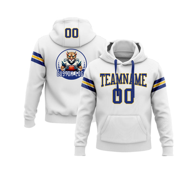 Custom White Royal-Yellow Personalized Sports Team Embroidered Pullover Hoodie