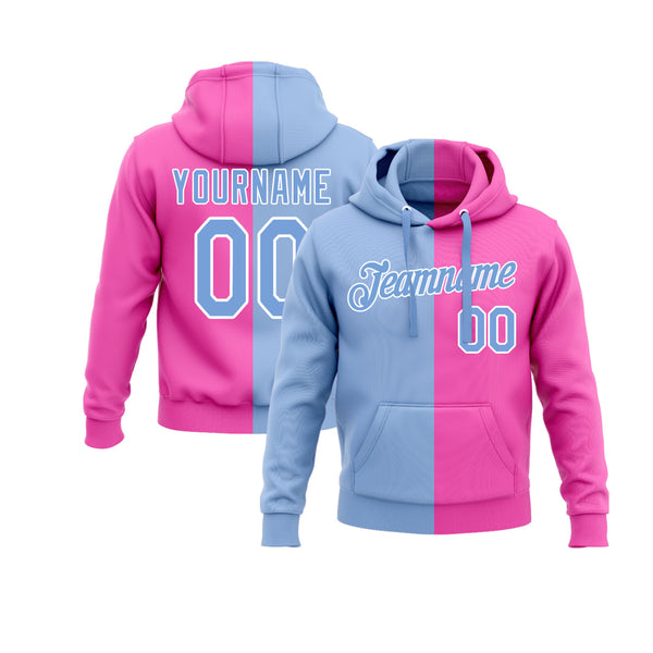 Custom Pink Light Blue-White Split Fashion Personalized Sports Team Embroidered Pullover Hoodie