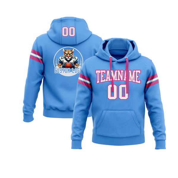 Custom Powder Blue White-Pink Personalized Sports Team Embroidered Pullover Hoodie
