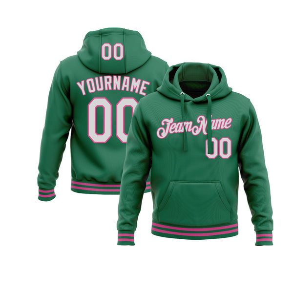 Custom Kelly Green White-Pink Personalized Sports Team Embroidered Pullover Hoodie