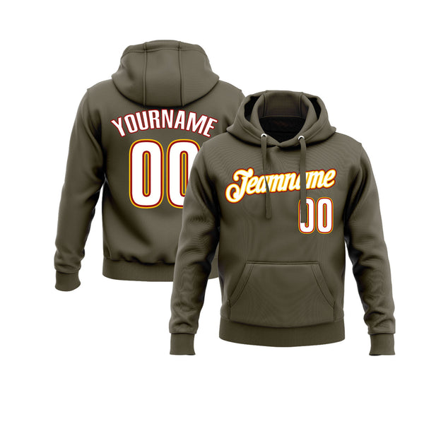 Custom Olive White-Gold Personalized Sports Team Embroidered Pullover Hoodie
