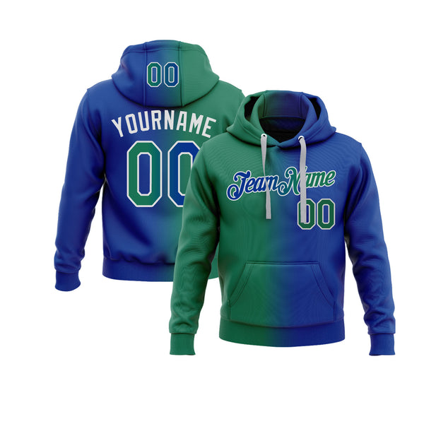 Custom Royal Kelly Green-Gray Gradient Fashion Personalized Sports Team Embroidered Pullover Hoodie