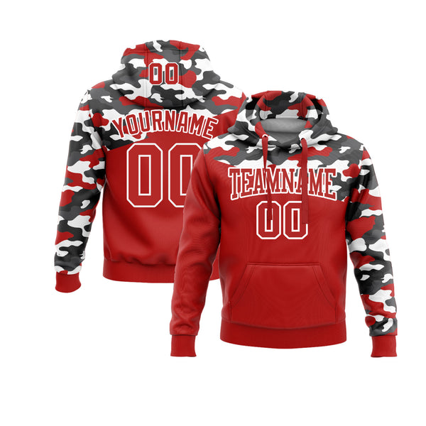 Custom Camo Red Black-Gray 3D Personalized Sports Team Embroidered Pullover Hoodie