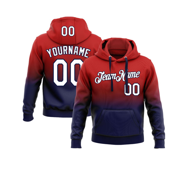 Custom Red White-Navy Fade Fashion Personalized Sports Team Embroidered Pullover Hoodie